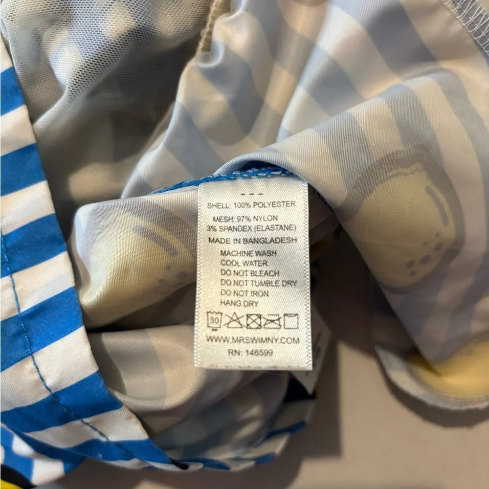 Men's Mr.‎ Swim blue white stripe Lemons swim suit. SZ L. Lined drawstring beach